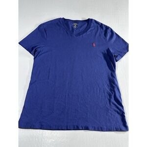 Polo Ralph Lauren Mens T-Shirt Medium Blue V Neck Cotton Red Pony Logo Casual